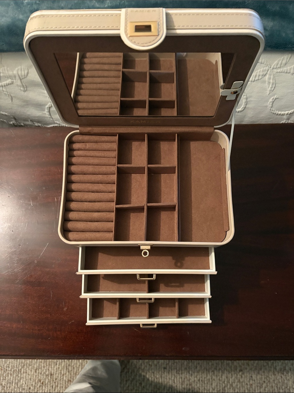 Cream and Brown Jewelry Organizer Box with Mirror